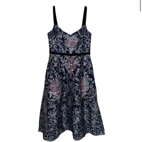 Marchesa Black Metallic Floral Fit and Flare Cocktail Midi Dress | 10 - Picture 5 of 11